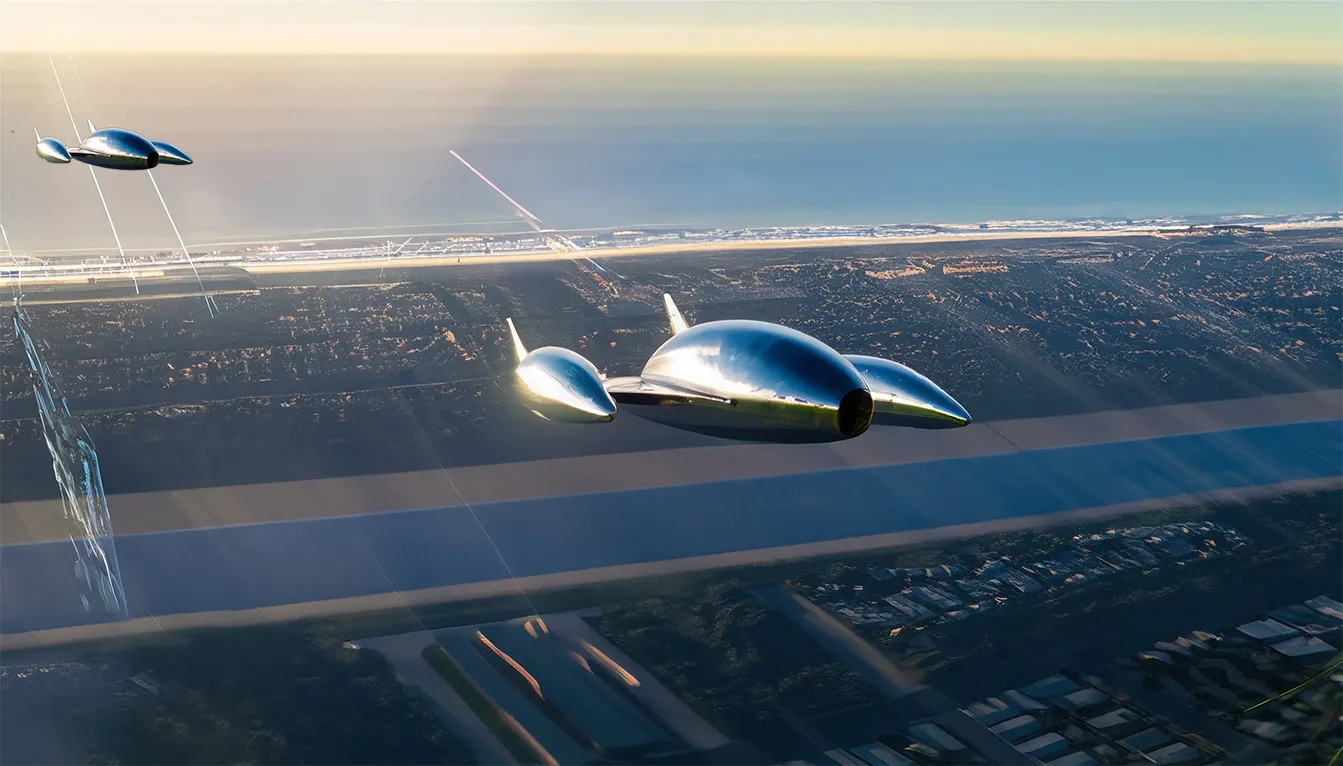Tradewinds Technology AI Skyway - artist's rendition of futuristic air taxis in a landing pattern over San Diego with the ocean in the distance.