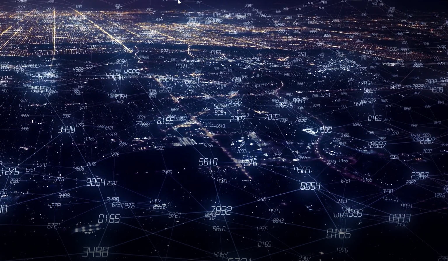 Digital Illustration - still image - image of numbers overlaid on an aerial view of a city at night- used for the AI Blockchain Sensor and Sensor Systems (Patent-Pending) project