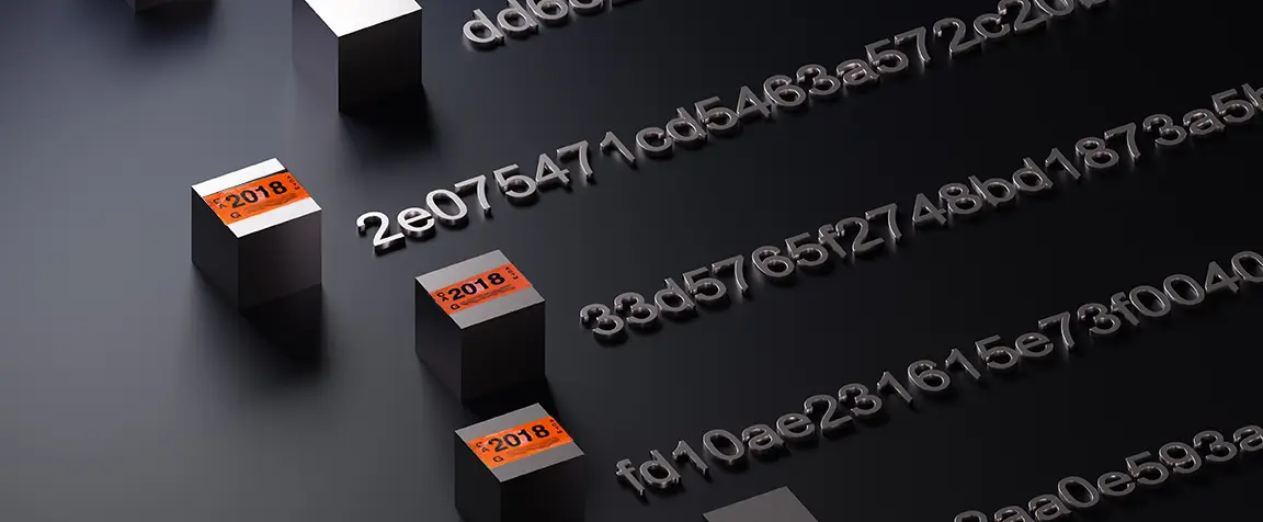 Conceptual image for AI Blockchain Sensor and Sensor Systems project: image of grey metallic 3d cubes and raised 3d cryptographic letter and number sequences to represent blockchain tagging.